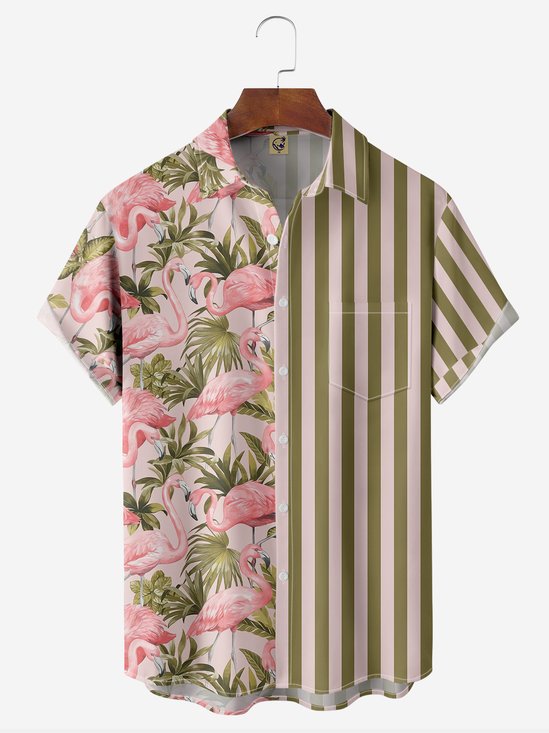 Flamingo Stripe Chest Pocket Short Sleeve Hawaiian Shirt