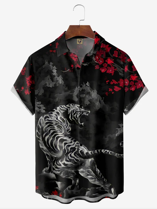 Ukiyo-e Tiger Chest Pocket Short Sleeve Hawaiian Shirt