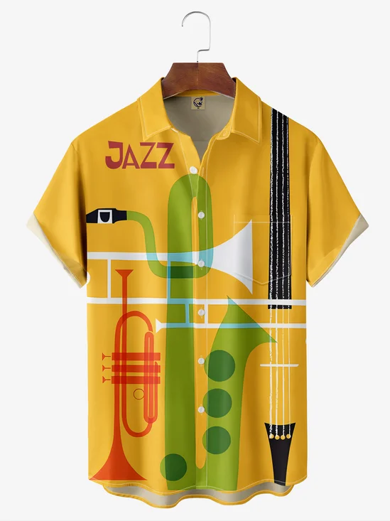 Music Orchestra Chest Pocket Short Sleeve Casual Shirt