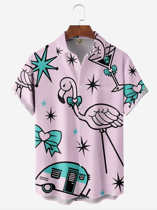 Flamingo Chest Pocket Short Sleeve Hawaiian Shirt