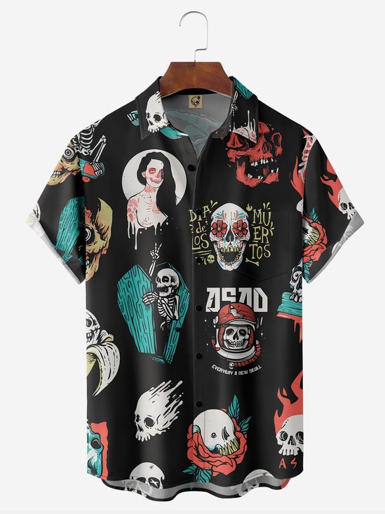 Day of the Dead Skulls Chest Pocket Short Sleeve Casual Shirt