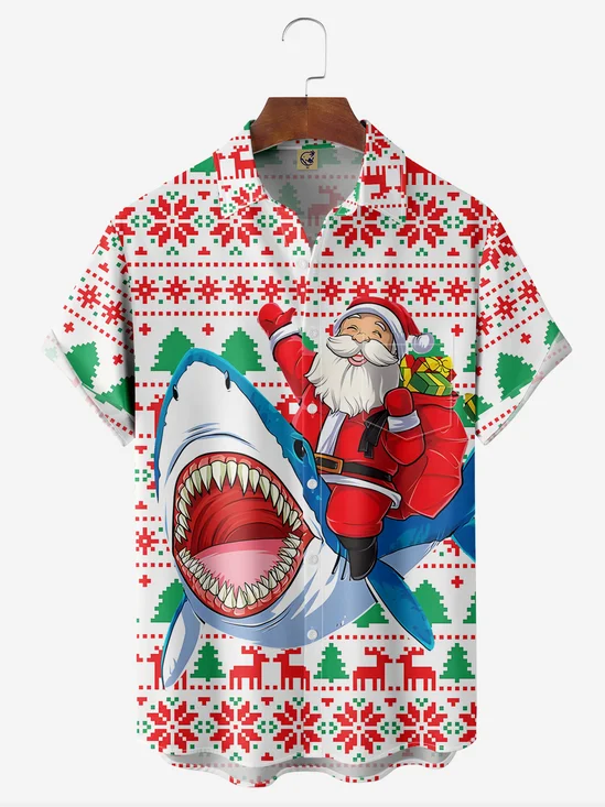 Santa Shark Chest Pocket Short Sleeve Casual Shirt