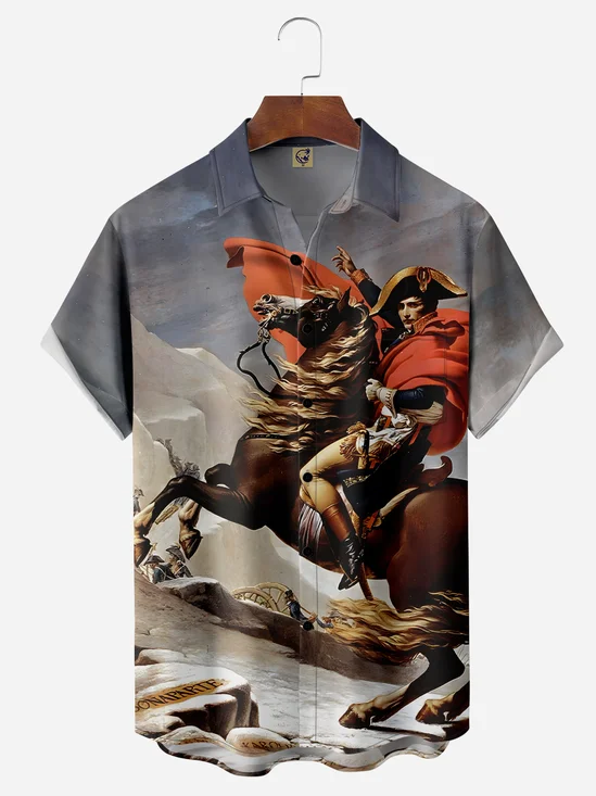 Horse Riding Painting Chest Pocket Short Sleeve Casual Shirt