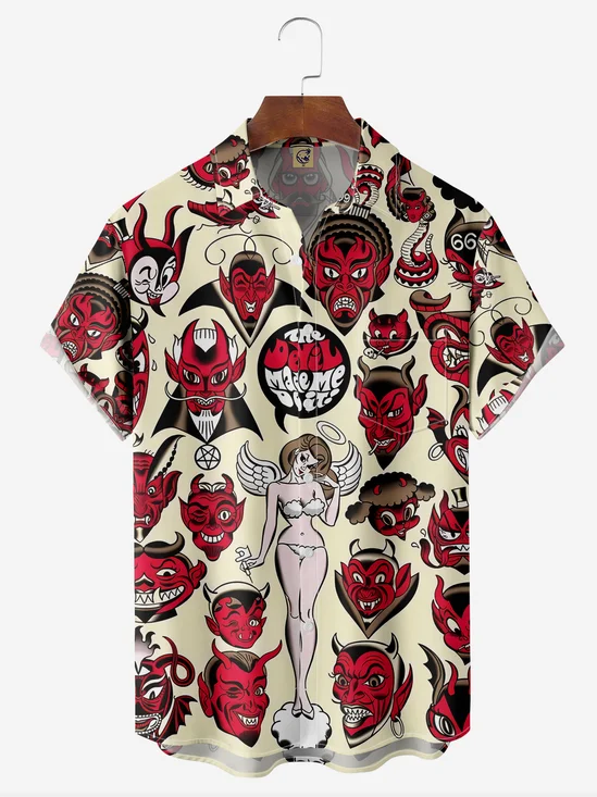Halloween Hell Demon Chest Pocket Short Sleeve Casual Shirt