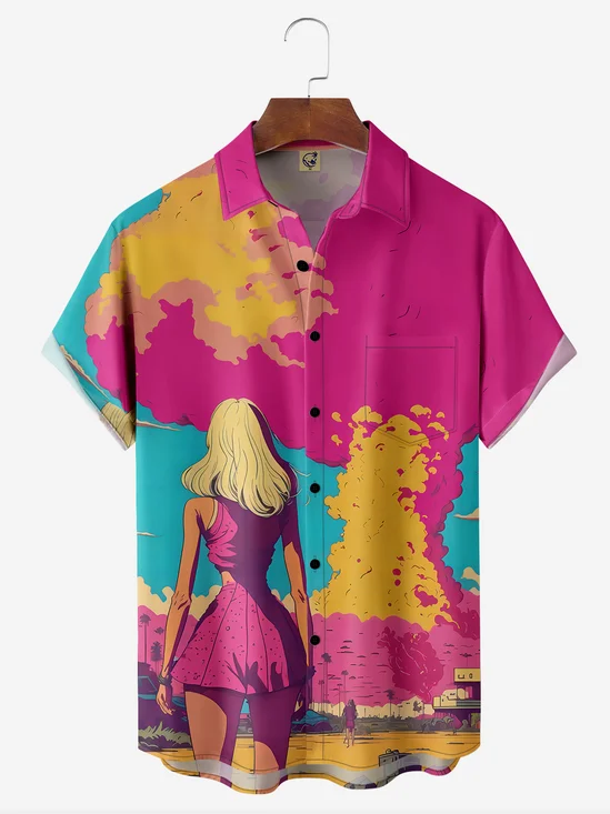 Pink Atomic Bomb Chest Pocket Short Sleeve Casual Shirt