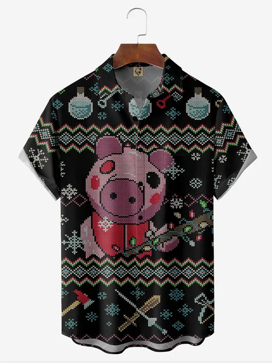 Christmas Funny Pig Chest Pocket Short Sleeve Hawaiian Shirt