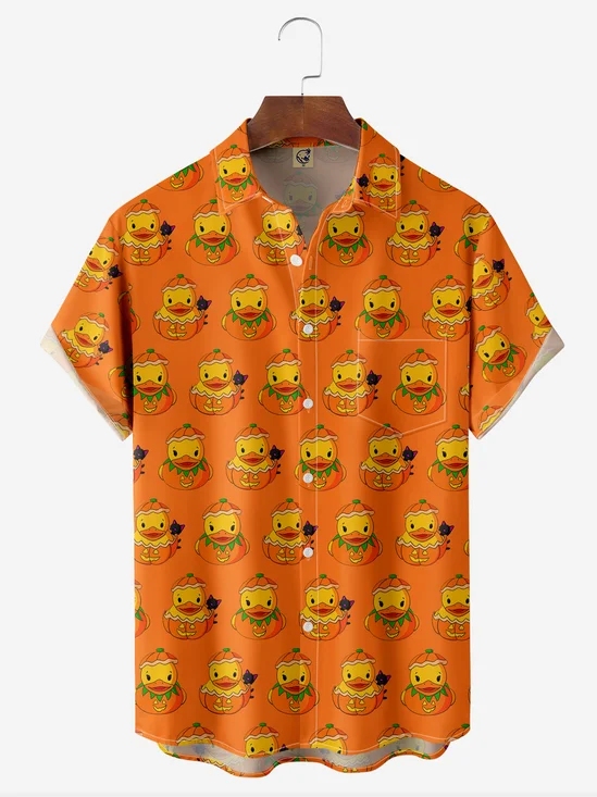 Halloween Duck Chest Pocket Short Sleeve Hawaiian Shirt