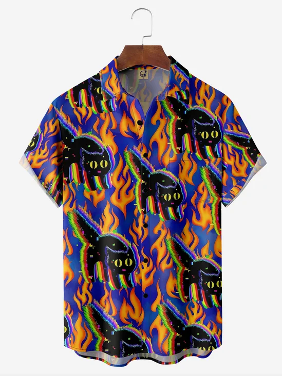 Cat Flame Chest Pocket Short Sleeve Casual Shirt