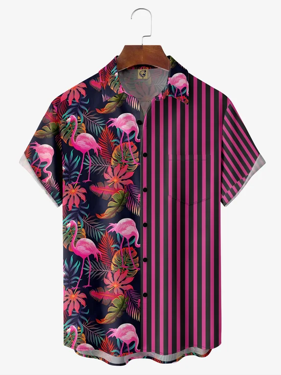 Flamingo Stripe Chest Pocket Short Sleeve Casual Shirt