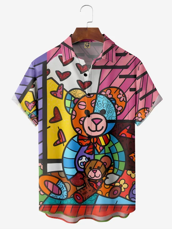 Cartoon Bear Chest Pocket Short Sleeve Casual Shirt