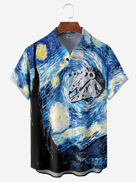 Hardaddy Starry Night Flying Machine Chest Pocket Short Sleeve Hawaiian Shirt