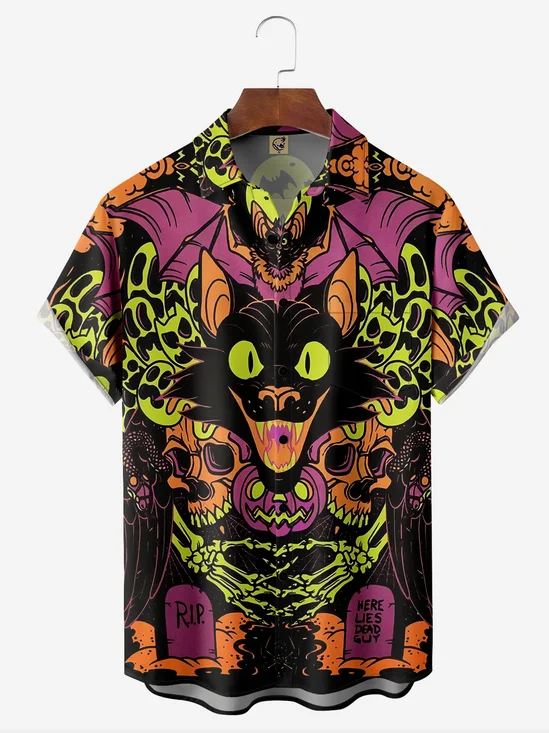 Halloween Cat Chest Pocket Short Sleeve Casual Shirt
