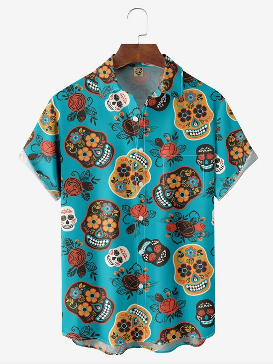 Skull Chest Pocket Short Sleeve Casual Shirt