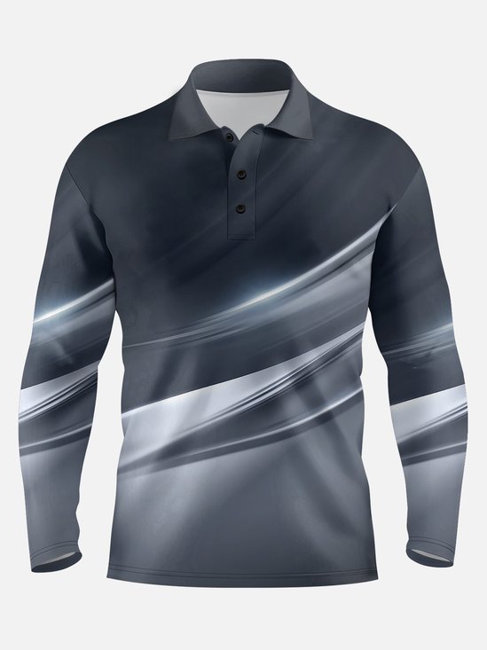 Abstract Gradient Geometric Button Long Sleeve Casual Polo Shirt