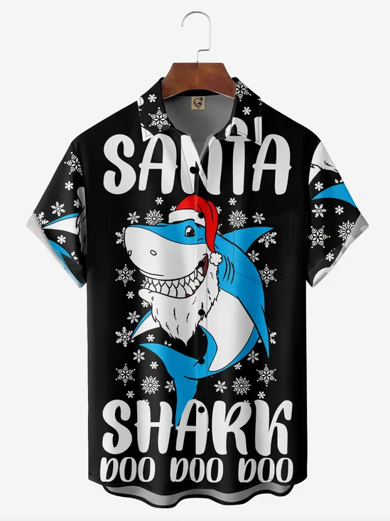 Christmas Shark Chest Pocket Short Sleeve Hawaiian Shirt