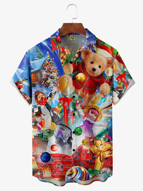 Christmas Teddy Bear Chest Pocket Short Sleeve Casual Shirt