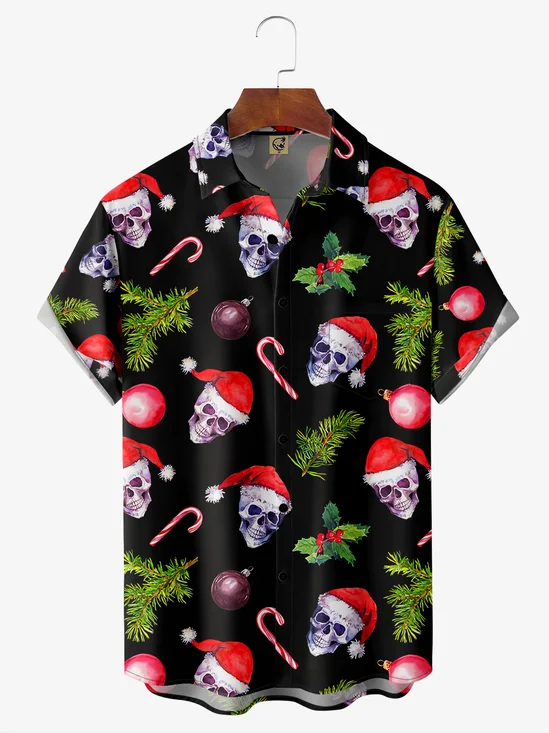 Hardaddy Christmas Skull Chest Pocket Short Sleeve Casual Shirt