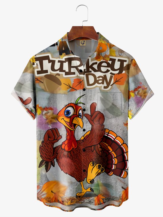 Hardaddy Thanksgiving Turkey Chest Pocket Short Sleeve Hawaiian Shirt