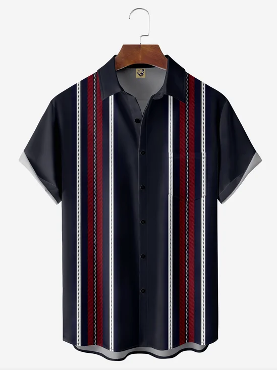 Color-block Chest Pocket Short Sleeve Bowling Shirt