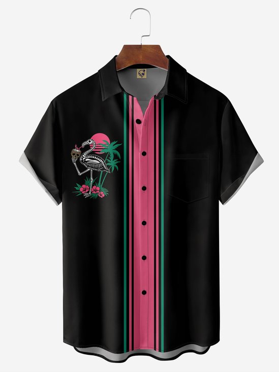 Hardaddy Coconut Tree Flamingo Chest Pocket Short Sleeve Hawaiian Shirt