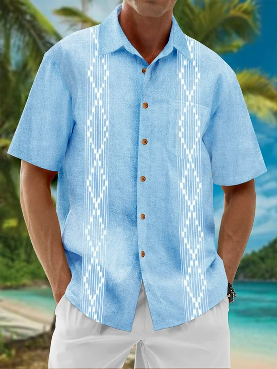 Big Size Striped Short Sleeve Chest Pocket Guayabera Shirt