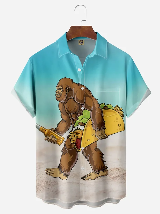 Hardaddy Big Size Gorilla Carrying Taco And Beer Chest Pocket Short Sleeve Casual Shirt