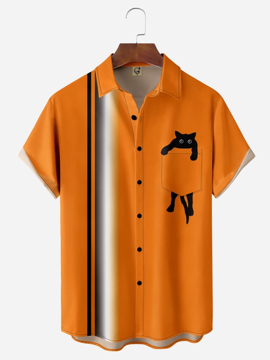 Hardaddy Big Size Black Cat Chest Pocket Short Sleeve Bowling Shirt