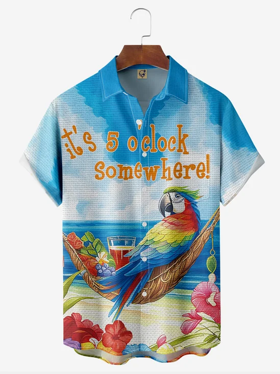 Hardaddy It's 5 O'Clock Somewhere Parrot Beach Chest Pocket Short Sleeve Funny Men's Hawaiian Botton Down Shirt