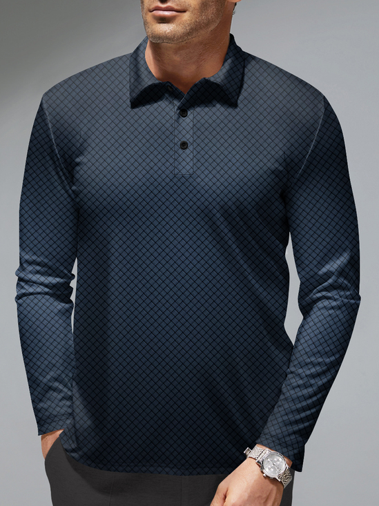 Geometric Button Long Sleeve Casual Polo Shirt