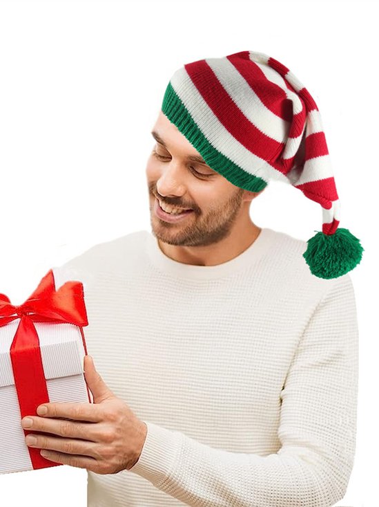 Christmas Striped Kintted Santa Hat with Fuzzy Ball