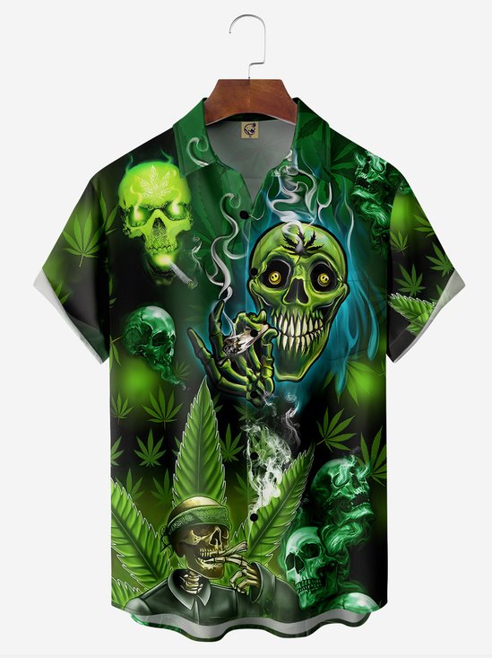 Hippie Music Skeleton Chest Pocket Short Sleeve Hawaiian Shirt