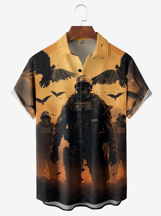 Halloween Skeleton Crow Chest Pocket Short Sleeve Holiday Shirt