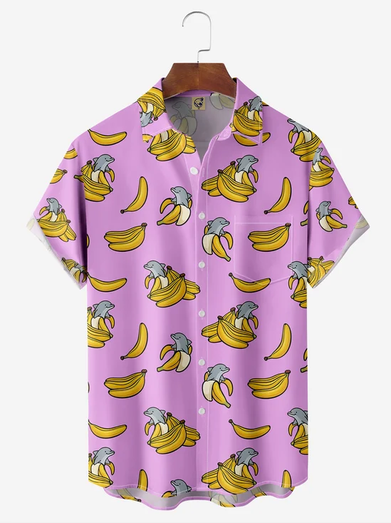 Cartoon Animal Banana Chest Pocket Short Sleeve Casual Shirt
