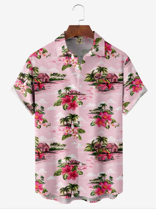 Coconut Tree Floral Breast Pocket Short Sleeve Hawaiian Shirt