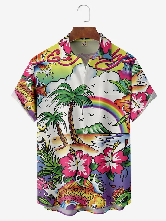 Coconut Tree Floral Chest Pocket Short Sleeve Hawaiian Shirt