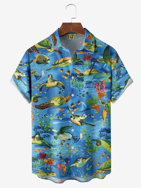 Ocean Animals Chest Pocket Short Sleeve Hawaiian Shirt
