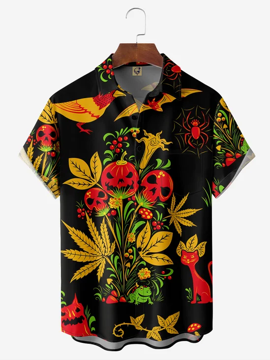 Leaves Chest Pocket Short Sleeve Hawaiian Shirt
