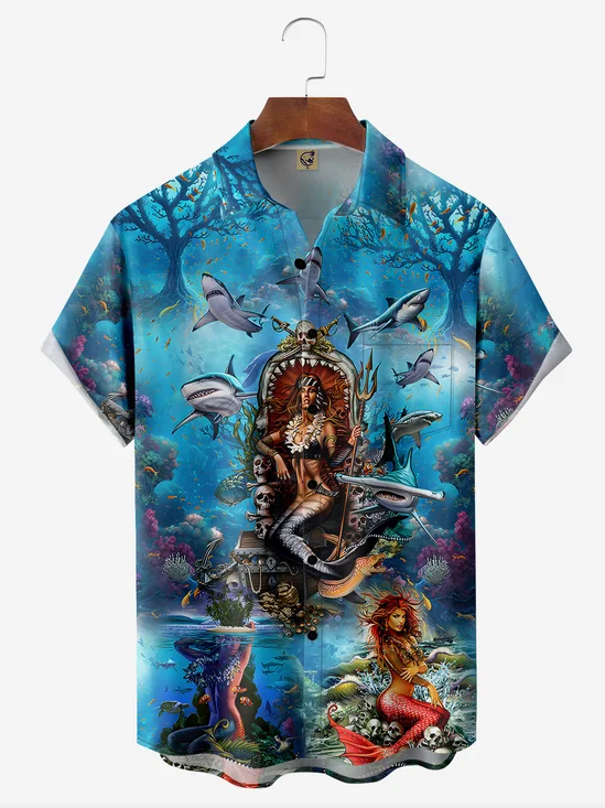Ocean Mermaid Chest Pocket Short Sleeve Vacation Shirt