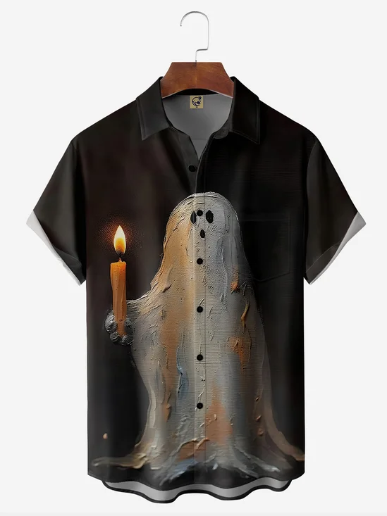 Halloween Ghost Chest Pocket Short Sleeve Holiday Shirt