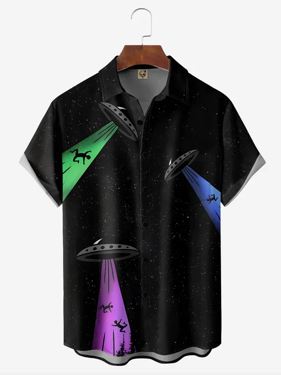 Alien Spaceship Chest Pocket Short Sleeve Casual Shirt