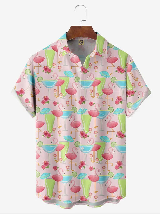 Flamingo Cocktail Chest Pocket Short Sleeve Hawaiian Shirt