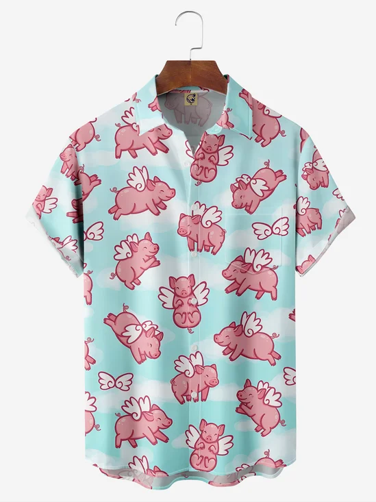 Flying Pig Chest Pocket Short Sleeve Casual Shirt
