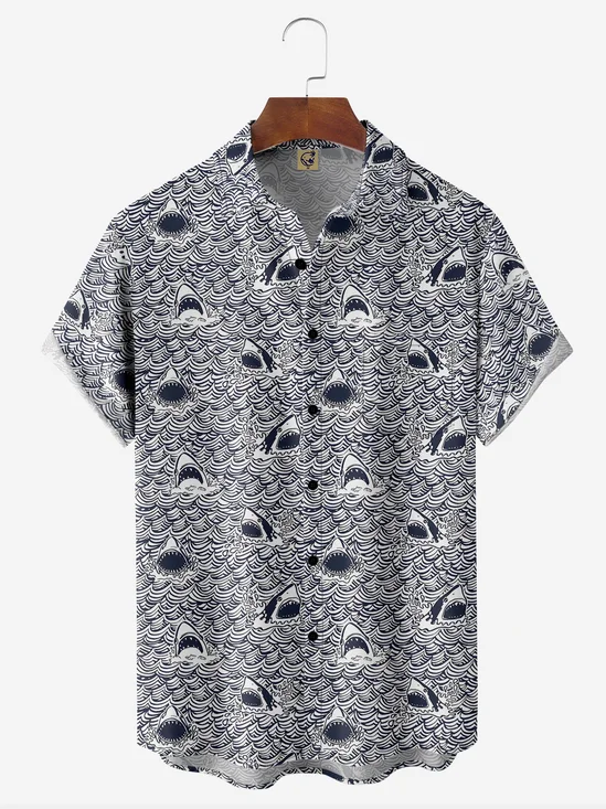 Small Graphic Shark Chest Pocket Short Sleeve Hawaiian Shirt