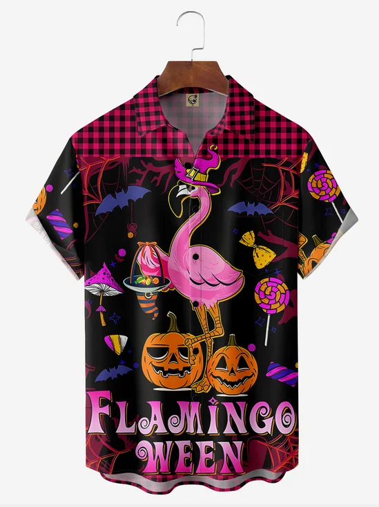 Halloween Flamingo Chest Pocket Short Sleeve Hawaiian Shirt