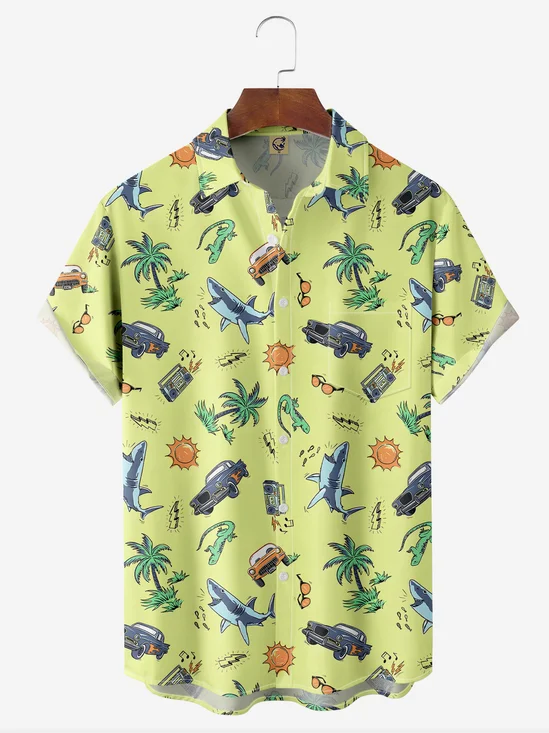 Small Pattern Coconut Tree Shark Chest Pocket Short Sleeve Hawaiian Shirt