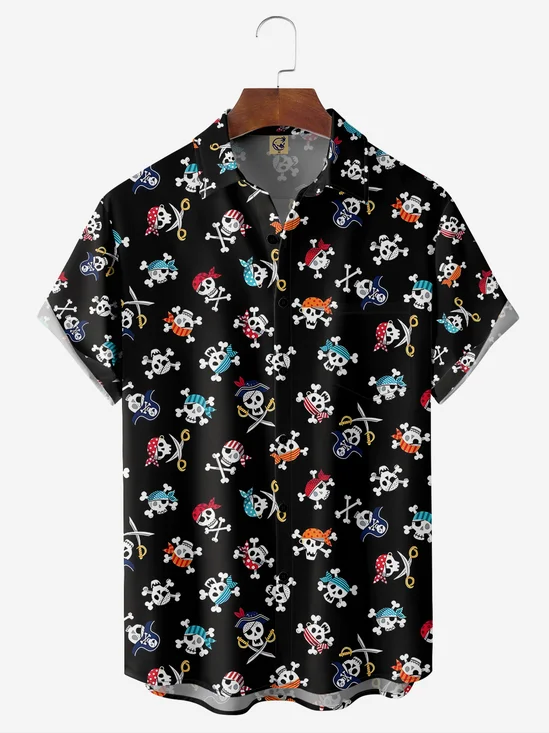 Pirate Skull Chest Pocket Short Sleeve Hawaiian Shirt