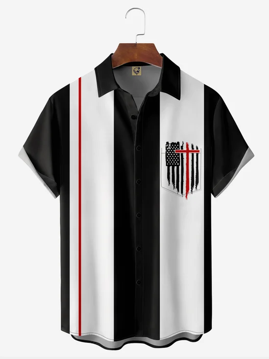 Flag Cross Chest Pocket Short Sleeve Bowling Shirt