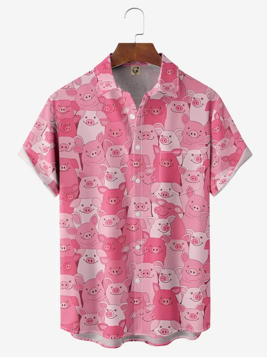 Pink Fun Pig Chest Pocket Short Sleeve Vacation Shirt
