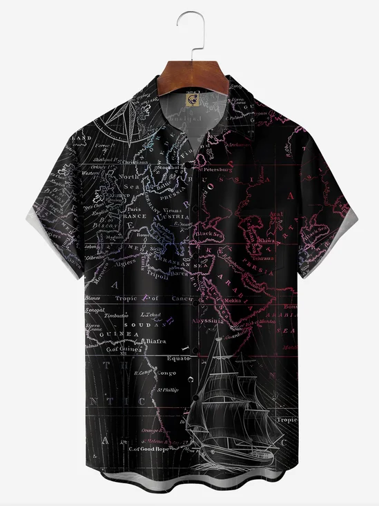Nautical Map Chest Pocket Short Sleeve Hawaiian Shirt