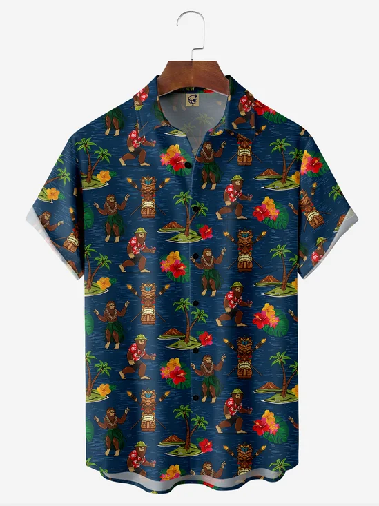 Coconut Tree Bigfoot Chest Pocket Short Sleeve Hawaiian Shirt